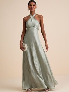 Lulus Canley Sage Satin Cross-front Halter Maxi Dress Green - Size L